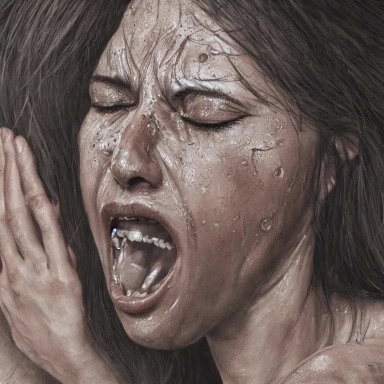 Prompt: Closeup of sweaty woman screaming, closed eyes, detailed skin with sweat, intricate, elegant, dramatic lighting, highly detailed, lifelike, photorealistic, digital painting, trending on deviantart, illustration, concept art, smooth, sharp focus, extreme