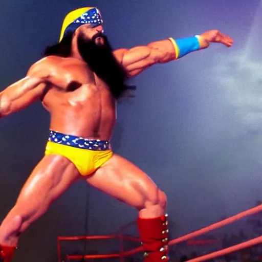 Prompt: Macho Man Randy Savage performing elbow drop from orbit. Reentry burn, Space, Extreme wide shot, long shot, High Quality, 4k