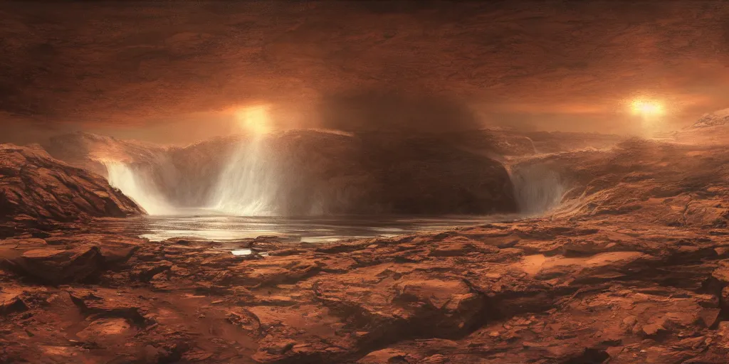 Prompt: A waterfall on Mars, cinematic lighting, detailed oil painting, 8-point perspective, hyperrealistic, 8k