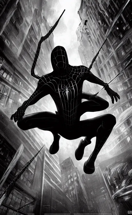 Prompt: epic spiderman noir wallpaper, dynamic lighting, photorealistic fantasy concept art, trending on art station, stunning visuals, creative, cinematic, ultra detailed