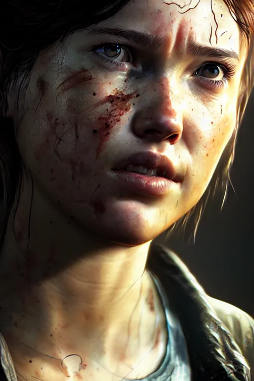 Image similar to ultra realistic facial portrait of ellie from the last of us part 2, digital art, character portrait, highly detailed, trending on artstation, lens flare, atmosphere, hyper realistic, cinematic lightning, sharp focus, unreal engine 5, extreme details perfect face, pretty face, fine - face, illustration, 8 k, ultra texture, masterpiece