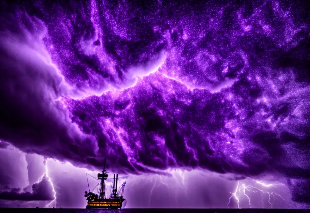 Prompt: purple color lighting storm with stormy sea, pirate ship firing its cannons trippy nebula sky with dramatic clouds 50mm shot