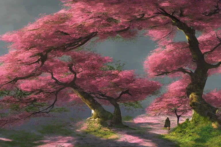 Image similar to concept art, japanese blossom trees scene, pagoda, cinematic