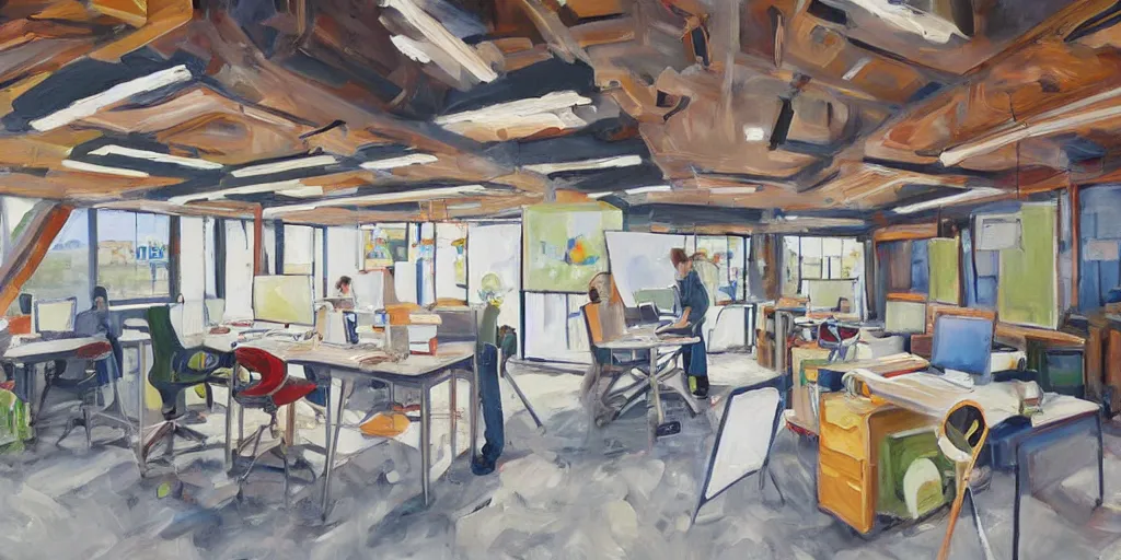 Image similar to painting workplace, art style by bryen frost