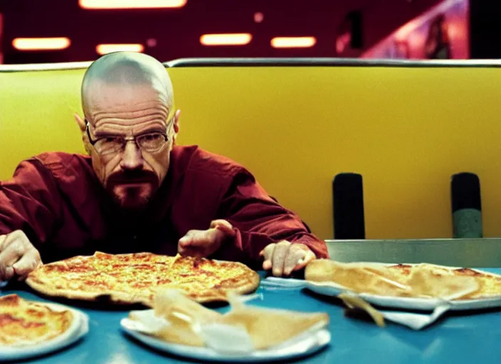 Image similar to portrait of walter white eating pizza at chuck - e - cheese with sloppy cheesy sauce getting slopped up all over the place, dramatic lighting, moody film still from breaking bad ( 2 0 1 1 ), 3 5 mm kodak color stock, 2 4 mm lens, directed by rian johnson, ecktochrome