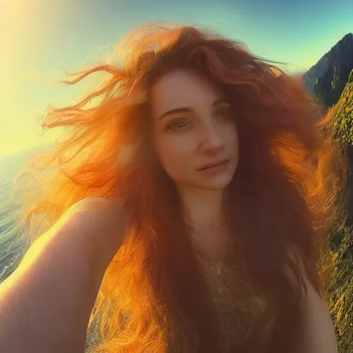 Image similar to Selfie of a beautiful woman with gorgeous flowy hair, standing over a cliff, beautiful volumetric lighting, subsurface scattering!!!!!!, (((((vivid))))) atmosphere, radiant sunshine, trending on artstation, 4k, 8k, artstation portrait imagery, fisheye!!!!! lens, instagram!!!!! selfie!!!!!