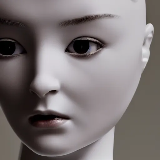 Prompt: minimalist photography portrait of a female porcelain robot, symmetrical, super close up, mid thirties, cute round green slanted eyes, white porcelain skin, wide nostrils, chubby cheeks, high flat eyebrows, black pistons, bjork, ethereal essence, angelic, leica 1 0 0 mm f 0. 8