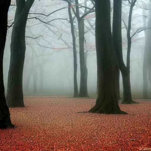 Prompt: A foggy forest with cherry blossom leaves on the ground, liminal, quiet