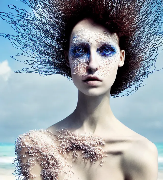 Image similar to photography face portrait of one stunning woman in white beach ocean, dress by iris van herpen, creative colorfull - makeup, curly hair style halflong, photography by paolo roversi nick knight, helmut newton, avedon, and araki, sky forest background, natural pose, highly detailed, skin grain detail