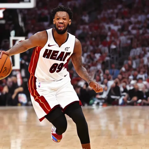 Prompt: nba player wearing the number 6 9, miami heat