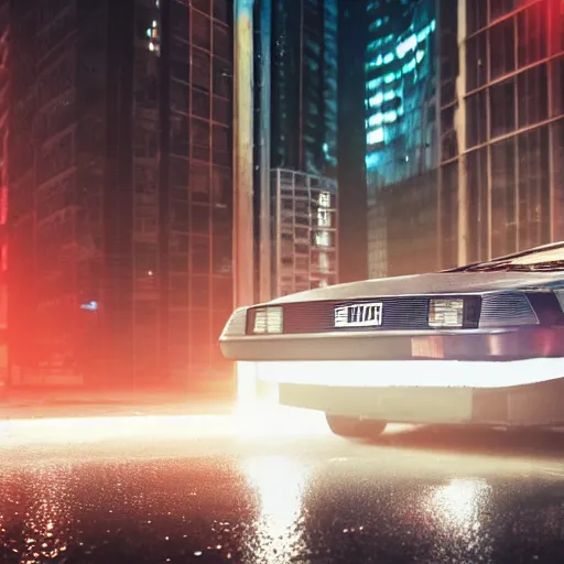 Prompt: Delorean parked in a cyberpunk city, rainy weather, thunderstorm, low light photography, 4k