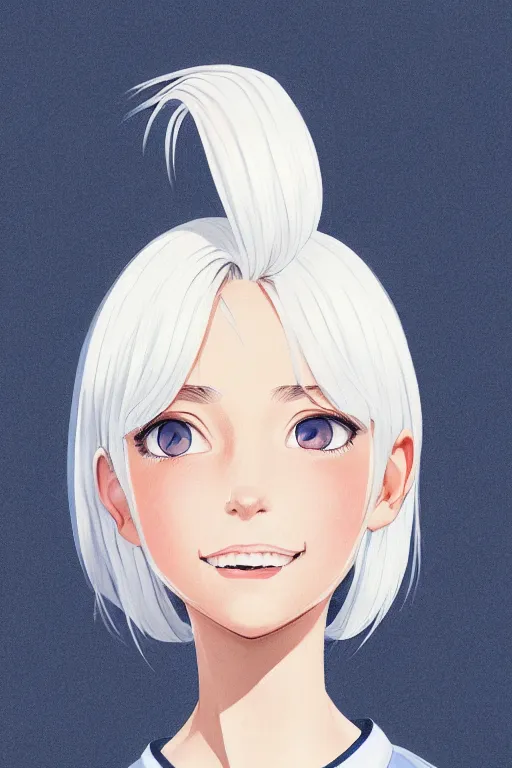 Image similar to a headshot of a very happy cute girl with shoulder - length white hair wearing school uniform, sharp focus, illustration, morandi color scheme, art station, high detailed, by ilya kuvshinov