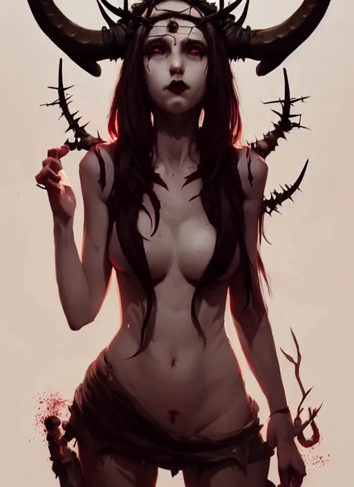 Prompt: portrait of cute succubus girl with crown of thorns and horns covered with runic tattoos, dark fantasy, by atey ghailan, by greg rutkowski, by greg tocchini, by james gilleard, by joe gb fenton, by in kaethe butcher, dynamic lighting, gradient light red, brown, blonde cream and white color in scheme, grunge aesthetic