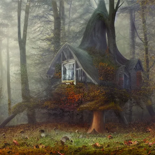 Prompt: an old broken hut in an autumn forest, many alot of huge tall mushrooms around it, green and brown tones, by Aron Wiesenfeld and beksincki, cinematic, detailed illustration, nature, fog, dark colors, suspense, intricate, 8k