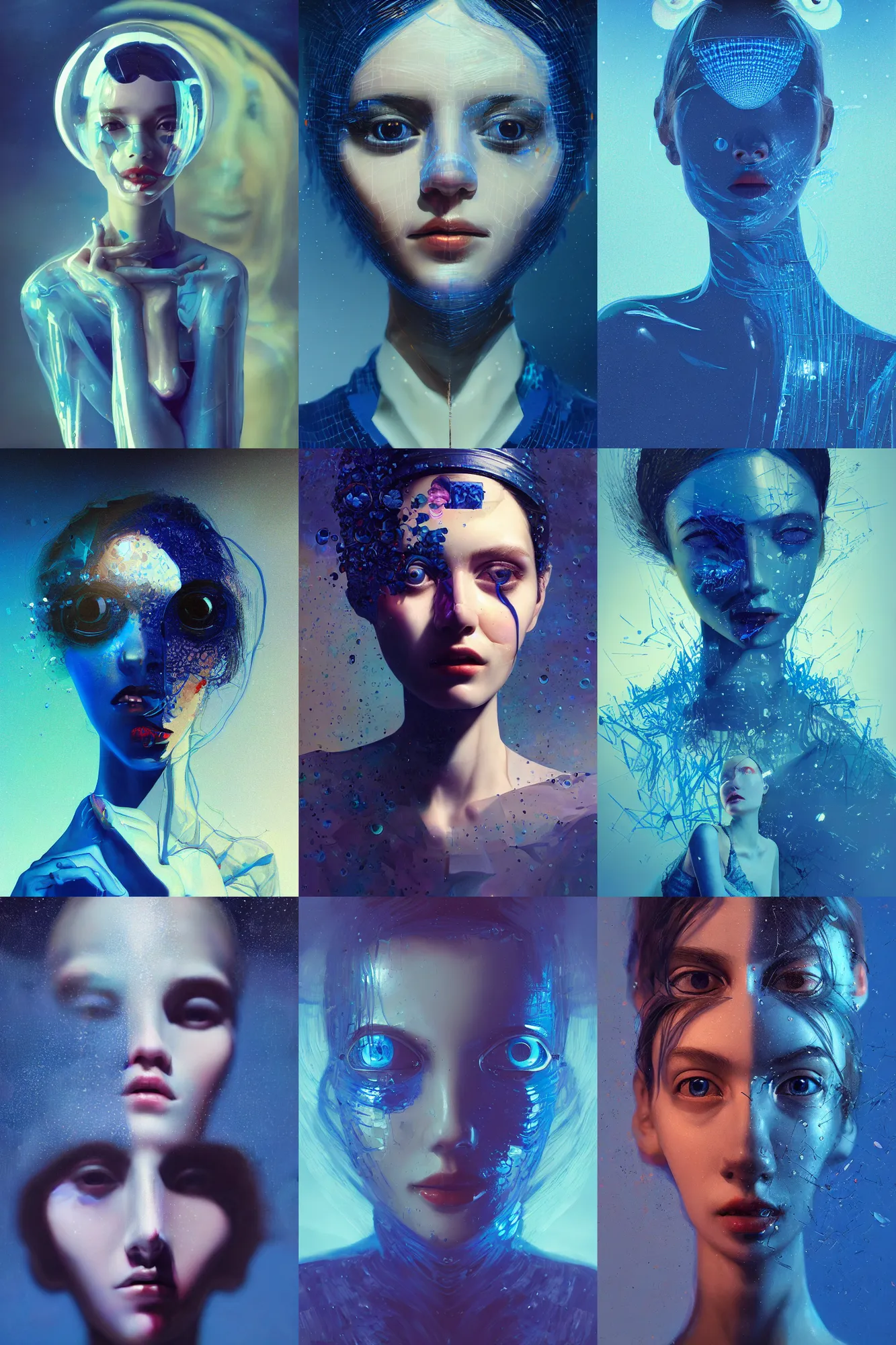 Prompt: 3 d, close - up, happy fashion model, plastic, night, deep blue mood, poster art, intricate oil painting, high detail, figurative art, multiple exposure, poster art, 3 d, by stanley kubrick and tooth wu and wlop and beeple
