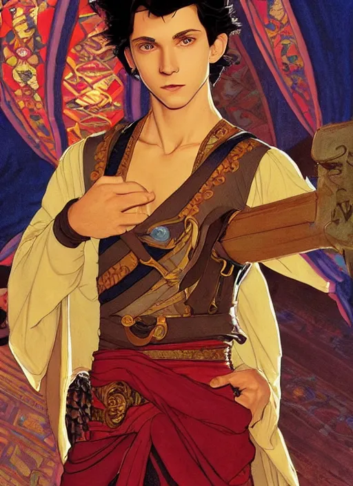 Image similar to skinny young tom holland as prince ali ababwa in the sultan's palace, cinematic lighting, path traced, highly detailed, high quality, beautiful painting, by don bluth and ross tran and studio ghibli and alphonse mucha, artgerm