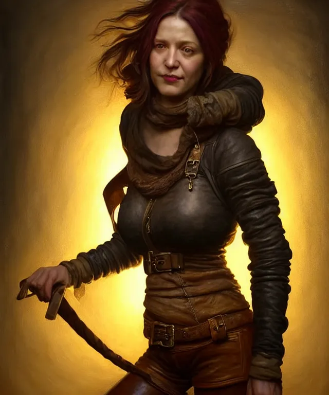 Prompt: hyperrealistic mixed media painting of a beautiful grinning female rogue, dimly lit cozy tavern, leather tunic, confident relaxed pose, d&d, stunning 3d render inspired art by Tim Okamura and Lise Deharme + perfect facial symmetry + dim volumetric lighting, 8k octane beautifully detailed render, post-processing, extremely hyperdetailed, intricate, epic composition, grim yet sparkling atmosphere, cinematic lighting + masterpiece, trending on artstation, very very detailed, masterpiece, stunning