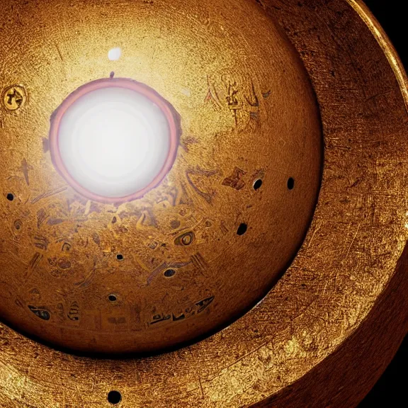Image similar to An ancient egyptian perfect sphere with the wedjat eye engraved, dirty gold, splash art, movie still, cinematic lighting, dramatic, octane render, long lens, shallow depth of field, bokeh, anamorphic lens flare, 8k, hyper detailed, 35mm film grain