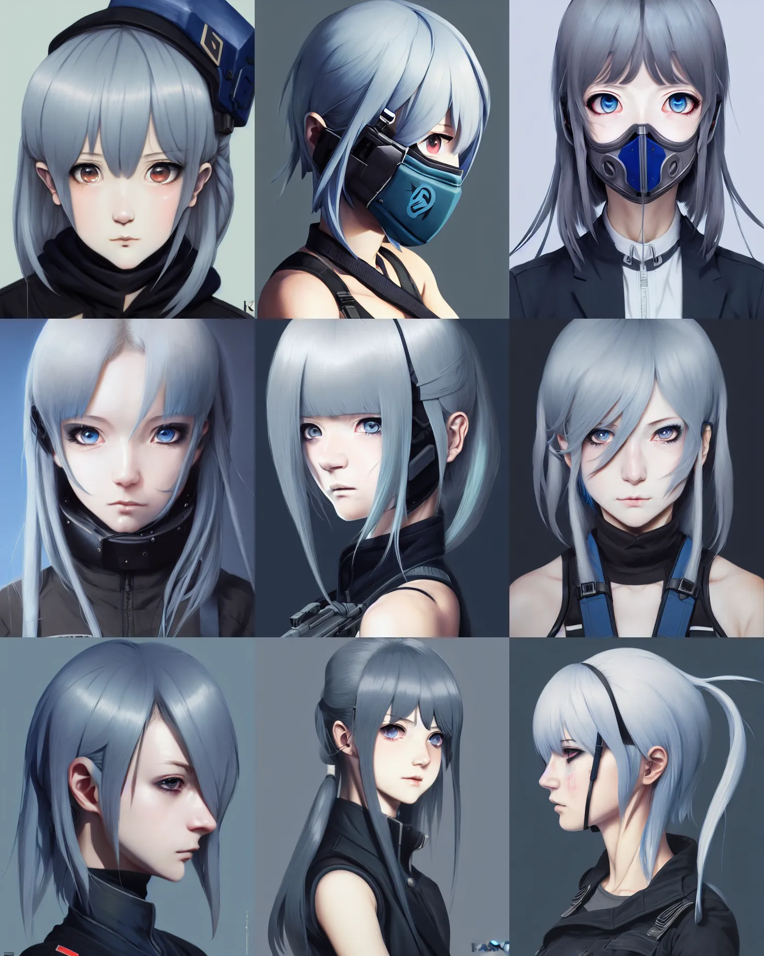 Prompt: profile of girl with tactical mask, grey hair, blue eye. anime, symmetry face, fine details. girls frontline, an 9 4, ak 1 2, realistic shaded lighting, by ilya kuvshinov, kidmo, trending on artstation, magali villeneuve, artgerm, jeremy lipkin, caidychen, tomoyuki yamasaki