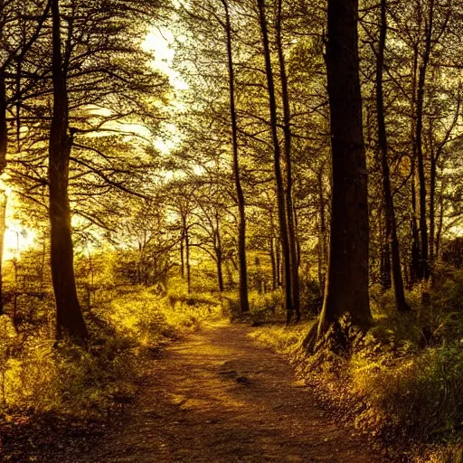 Image similar to woodland path golden hour wide angle, between the trees on the left is a portal to another land with bright sunlight inside, a silhouette of a humanoid stands in the portal, highly textured, adventurous