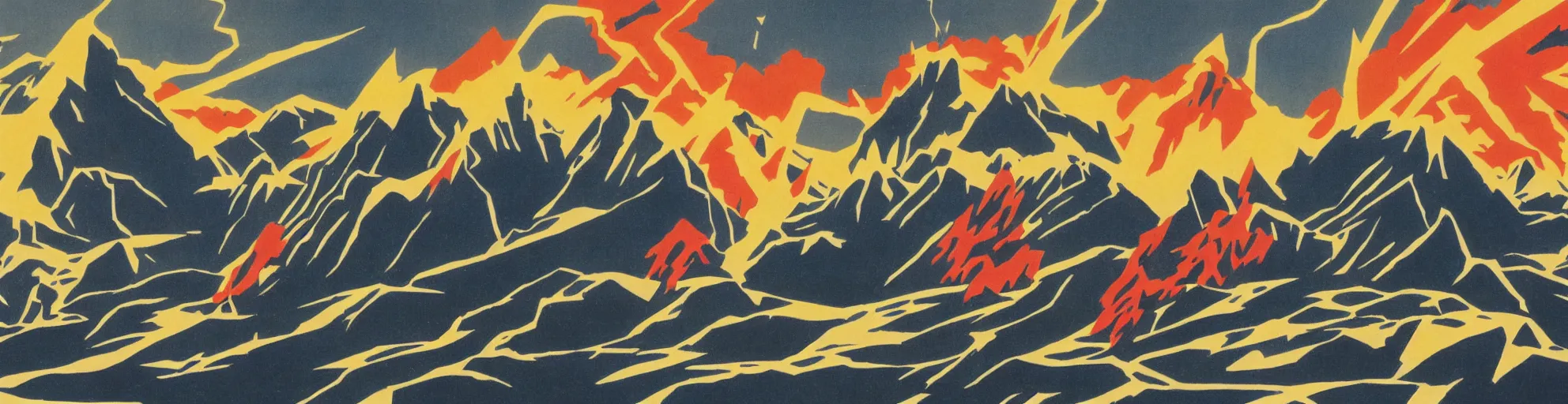 Image similar to solar montain with lightning bolts in 1940s propaganda poster