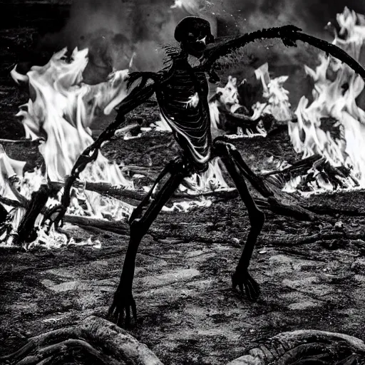 Image similar to Black skeletons burning in white fire, black and white image