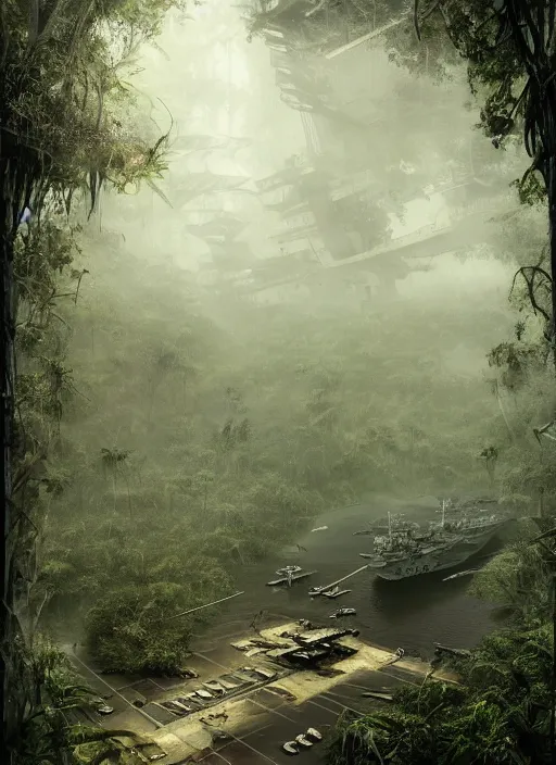 Image similar to aircraft carrier USS Nimitz overgrown with vegetation laying on the ground of a tropical forest, post appocalyptic, by Luis Royo, by Greg Rutkowski, dark, gritty, intricate, cover illustration, concept art, volumetric lighting, volumetric atmosphere, sharp focus, octane render, trending on artstation, 8k