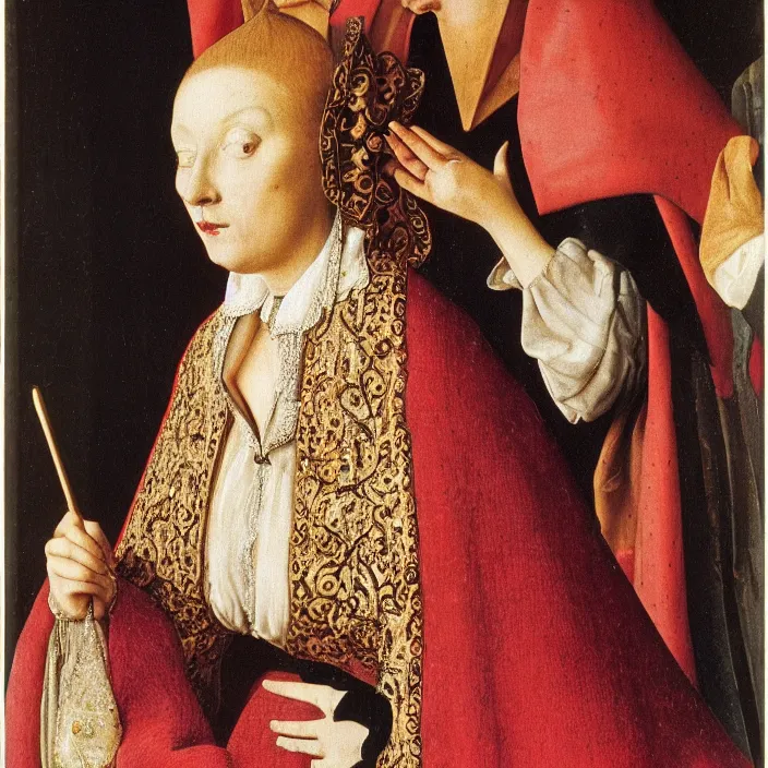 Image similar to close up of a woman putting on garish make - up. jan van eyck
