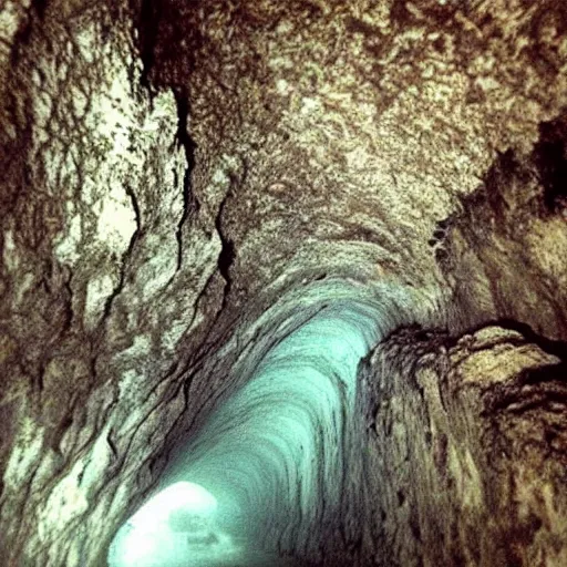 Image similar to a cave with a tsunami coming towards you, creepy, eerie, unsettling, terrifying, jagged rocks, dark, grainy, noisy, slightly blurry, polaroid, deep!!!!!, dark!!!