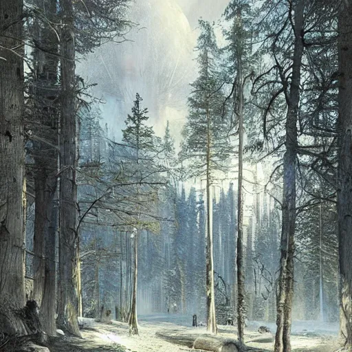 Image similar to mysterious perpetual energy facility, glowing, woods and wilderness, Ivan Shishkin and Greg Rutkowski