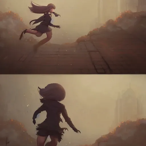 Image similar to girl running from the fbi by krenz cushart and mucha and akihito yoshida and greg rutkowski, nier : automata inspired,