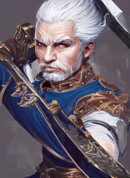 Prompt: a highly detailed illustration of fierce short slick back white haired man wearing dark blue coat, bright blue eyes, dramatic wielding katana pose, intricate, elegant, highly detailed, centered, digital painting, artstation, concept art, smooth, sharp focus, league of legends concept art, wlop