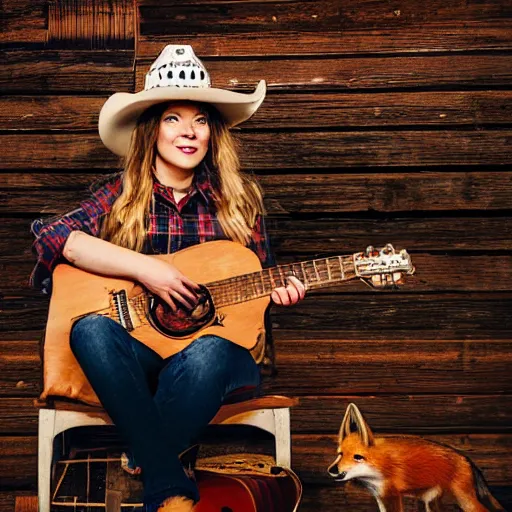 Image similar to a female fox animal, wearing cowboy hat, wearing plaid shirt, playing guitar, inside a barn, album cover style