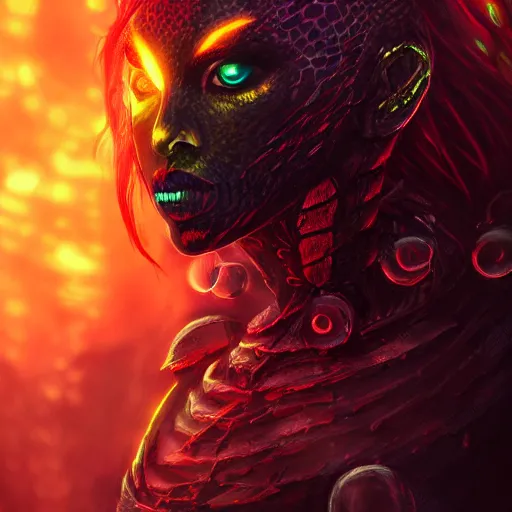 Prompt: dark art, Hot reptile humanoid woman, wearing armor, long red hair, glowing yellow eyes, burning world, futuristic, digital art, artstation, concept art, 4k, 8k