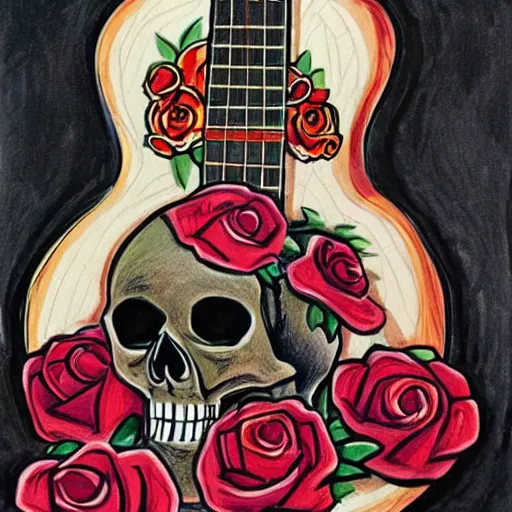 Image similar to skull and guitar and roses,