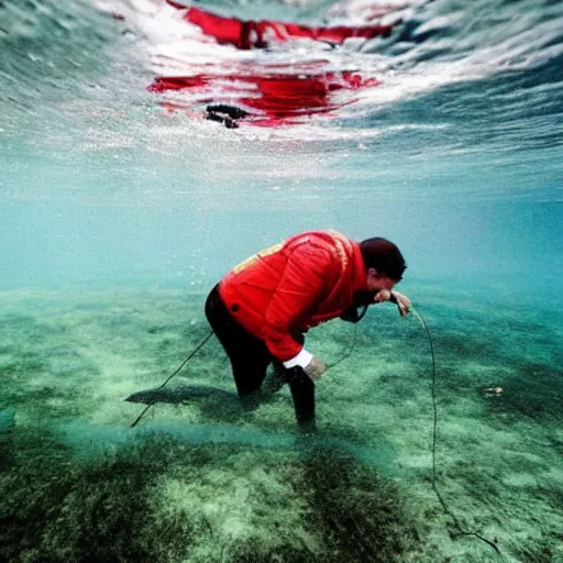 Prompt: vucic stuck in a fishing net, struggling, underwater, photo