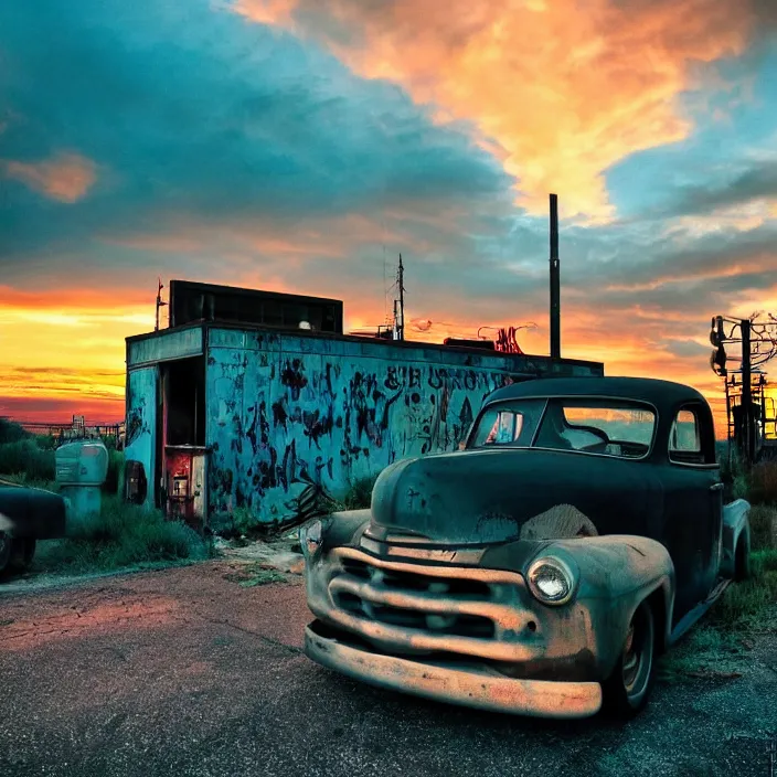 Image similar to a sunset light landscape with historical route 6 6, lots of sparkling details and sun ray ’ s, blinding backlight, smoke, volumetric lighting, colorful, octane, 3 5 mm, abandoned gas station, old rusty pickup - truck, beautiful epic colored reflections, very colorful heavenly, softlight