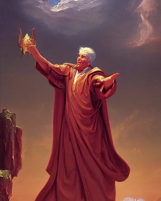 Image similar to A lawful good dnd wizard, he wears robes. Award winning oil painting by Thomas Cole and Wayne Barlowe. Highly detailed