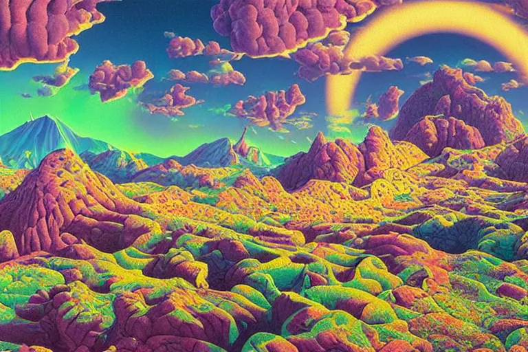 Prompt: beautiful rendered in zbrush ancient painting of a scenic mountain range surrounded by holographic Myrtle squares, retro tech, vaporwave, neon colors, by Jean Giraud and Zdzisław Beksiński and Chesley Bonestell and James Gurney, Mc Escher,