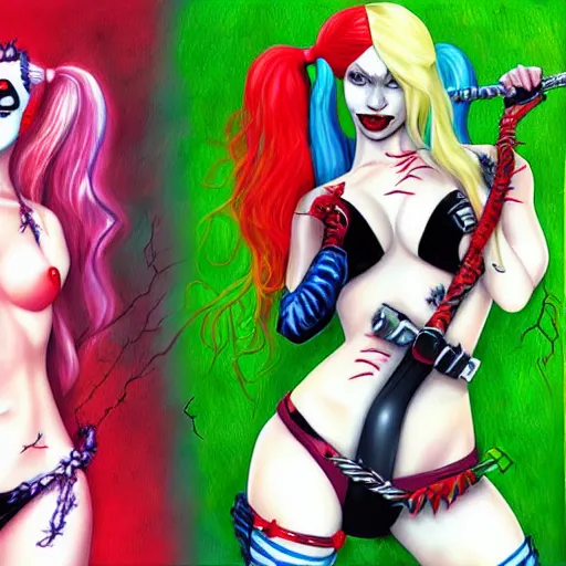 Image similar to harley quinn and poison ivy romance, hyper detailed masterpiece, digital art painting, realism aesthetic