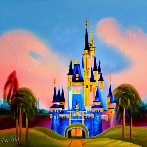 Prompt: painting of cinderella castle at magic kingdom by Mary Blair