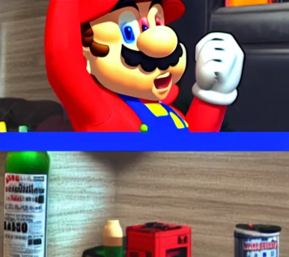 Prompt: Mario has a drinking problem, rehab clinic, n64 game