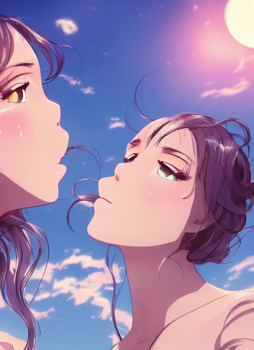 Image similar to two beautiful mothers outside on a hot summer evening, gorgeous faces, thick lines, cinematic lighting, detailed anime art