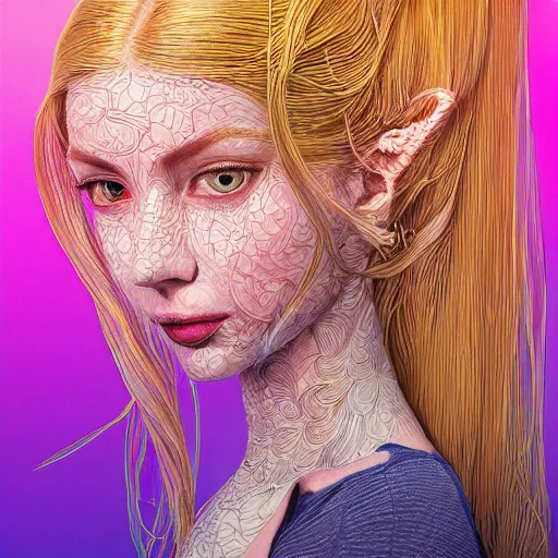 Prompt: a portrait of an incredibly beautiful, colorful, graceful, elegant, and sophisticated young blonde girl made of garlic, an ultrafine detailed illustration by james jean, intricate linework, bright colors, final fantasy, behance contest winner, vanitas, angular, altermodern, unreal engine 5 highly rendered, global illumination, radiant light, detailed and intricate environment