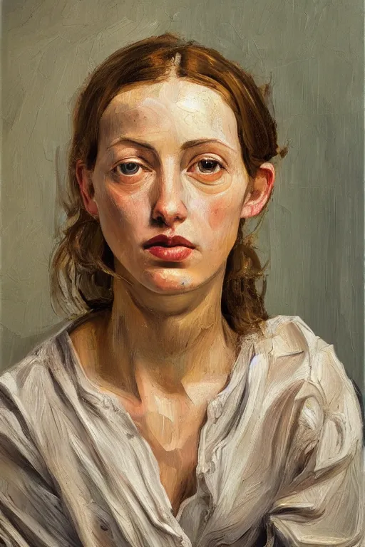 Image similar to high quality high detail oil painting of a young woman by lucian freud, painterly thick brushstrokes, hd, photorealistic lighting