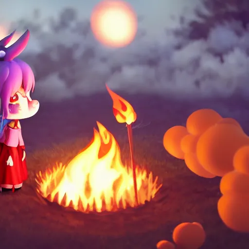 Image similar to cute fumo plush manic happy pyromaniac girl giddily starting a huge bonfire in the forest, horned demon imp girl, stylized pbr anime shader, burning flames, warm glow and volumetric smoke vortices, filmic, rule of thirds composition, vignette, vray