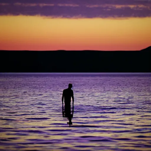 Prompt: purple sunset with a real black silhouette of a man walking on water, the sky falls to the ground, high detail