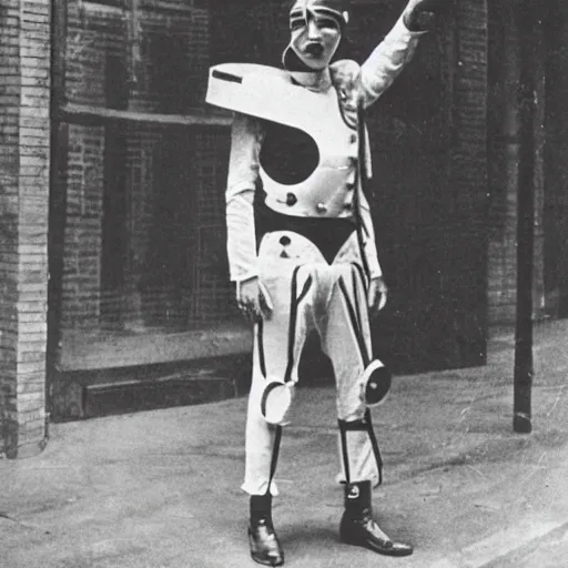 Prompt: a time traveler dressed in a futuristic experimental suit. in a black and white historical picture from 1 9 2 0,