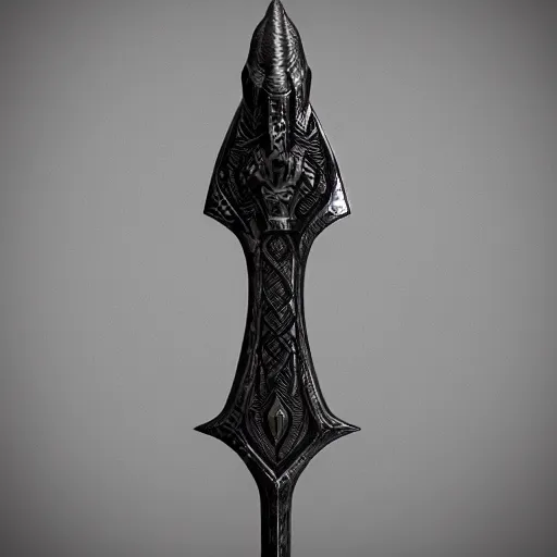 Image similar to a black sword skull crest, ornament, weapon, a 3 d render by dom qwek, studio lighting, front side view, trending on polycount, hard surface modeling, rendered in maya, 3 ds max, blender, artstation hd, vray