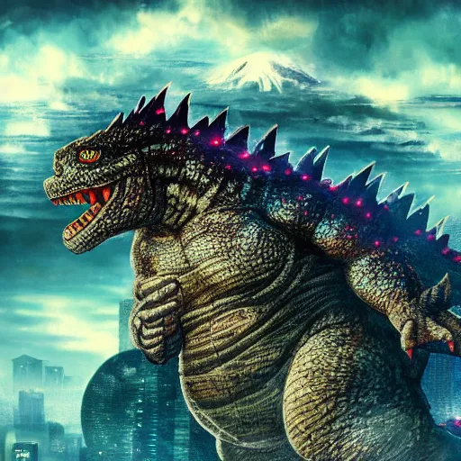 Prompt: Dwarf Godzilla destroys Tokyo, a super detailed high resolution cinematic scene